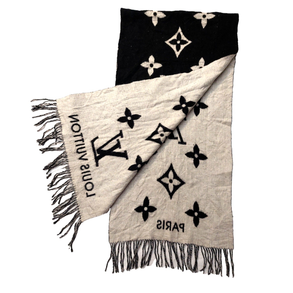 LOUIS VUITTON LV Reykjavik Black & Grey Reversible Cashmere Scarf Pre-Owned $995 - Picture 6 of 16